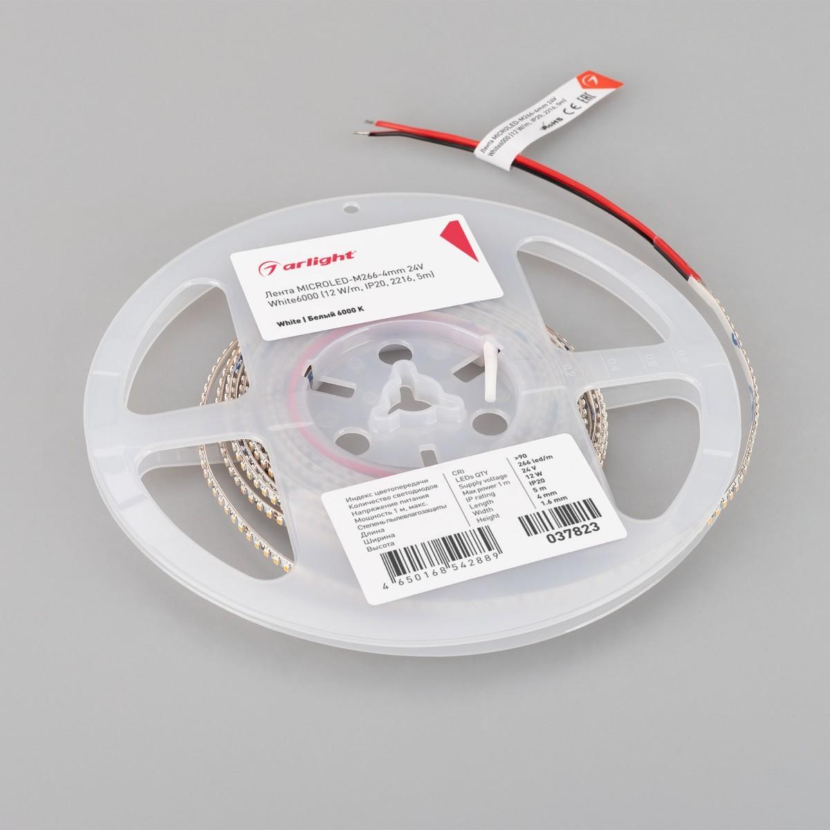 Светодиодная лента Arlight 12W/m 266LED/m 2216SMD холодный белый 5M MICROLED-M266-4mm 24V White6000 037823