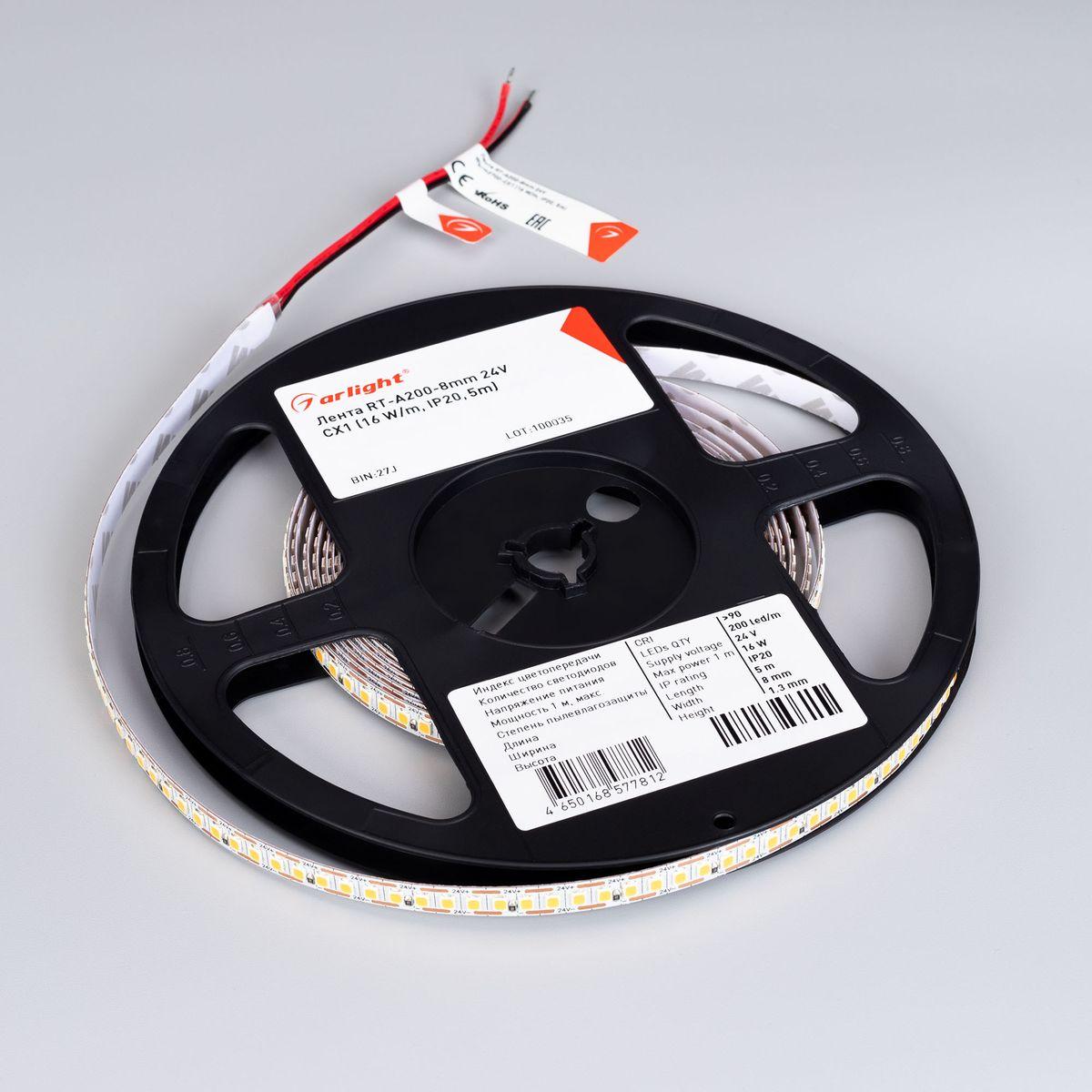 Светодиодная лента Arlight 6W/m 200Led/m 2835SMD теплый белый 5M RT-A200-8mm 24V Warm2700-CX1 046942