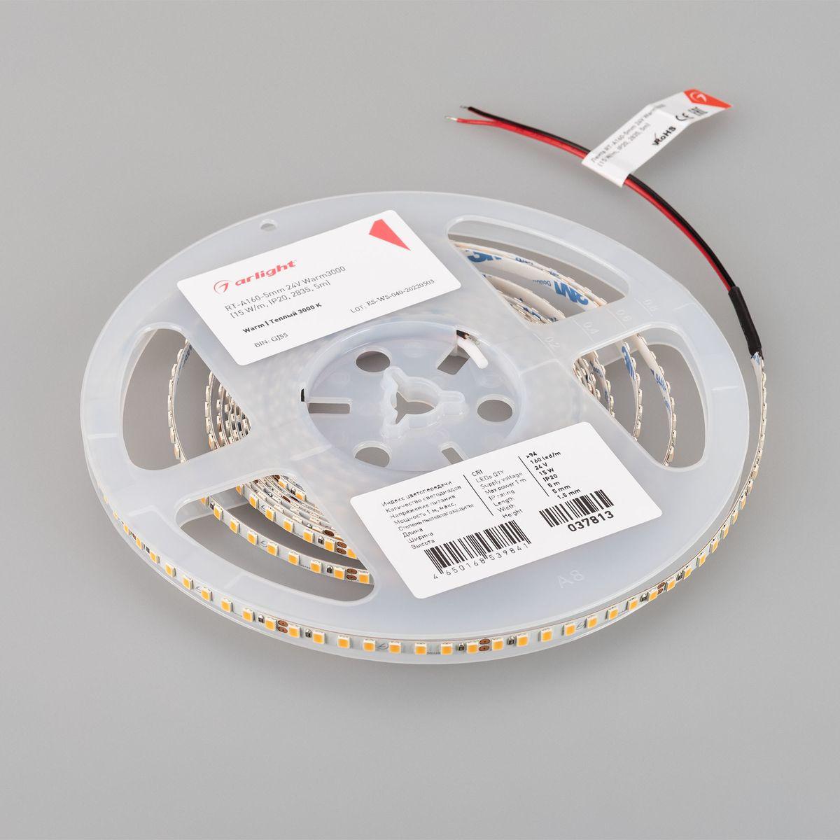 Светодиодная лента Arlight 15W/m 160LED/m 2835SMD теплый белый 5M RT-A160-5mm 24V Warm3000 037813