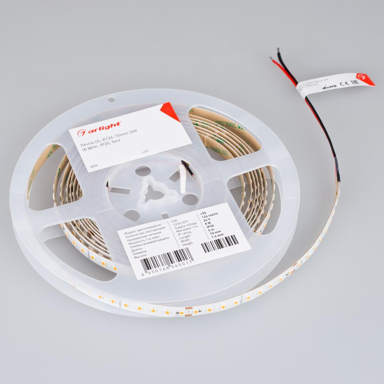 Светодиодная лента Arlight 8W/m 126Led/m 2835SMD теплый белый 5M UL-A126-10mm 24V Warm3500 044496