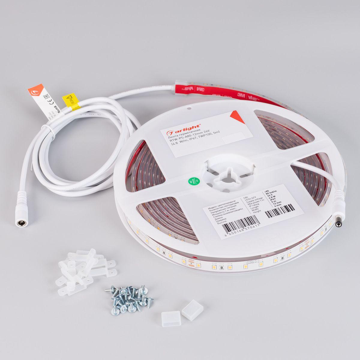 Светодиодная влагозащищенная лента Arlight 4,8W/m 80Led/m 2835SMD теплый белый 5M RTW-PS-A80-12mm 24V Warm2700 045164