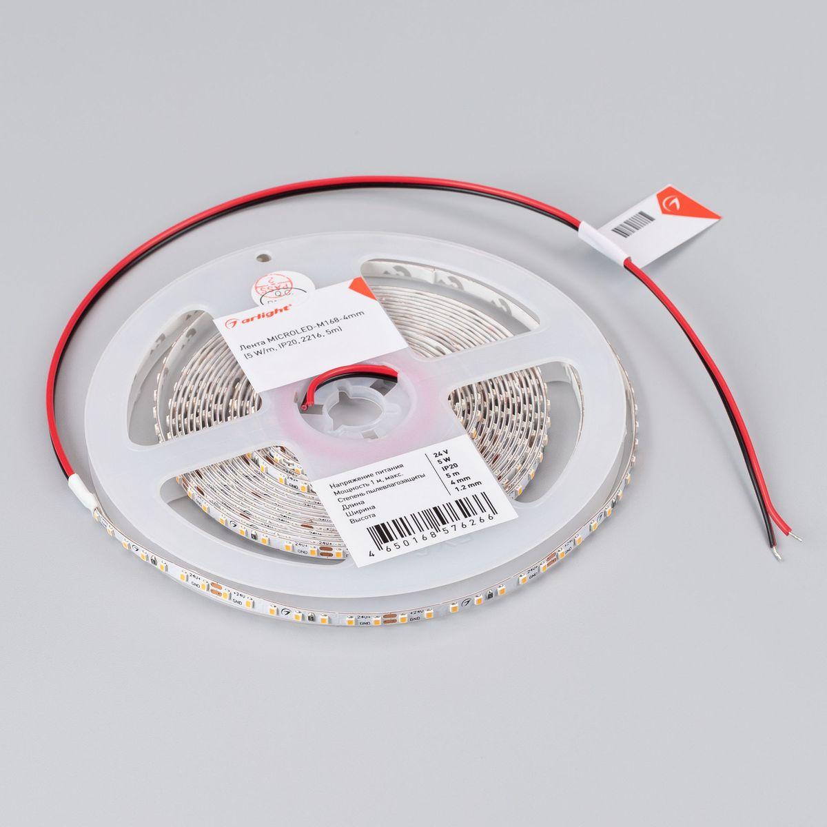 Светодиодная лента Arlight 5W/m 168Led/m 2216SMD холодный белый 5M MICROLED-M168-4mm 24V White6000 046729
