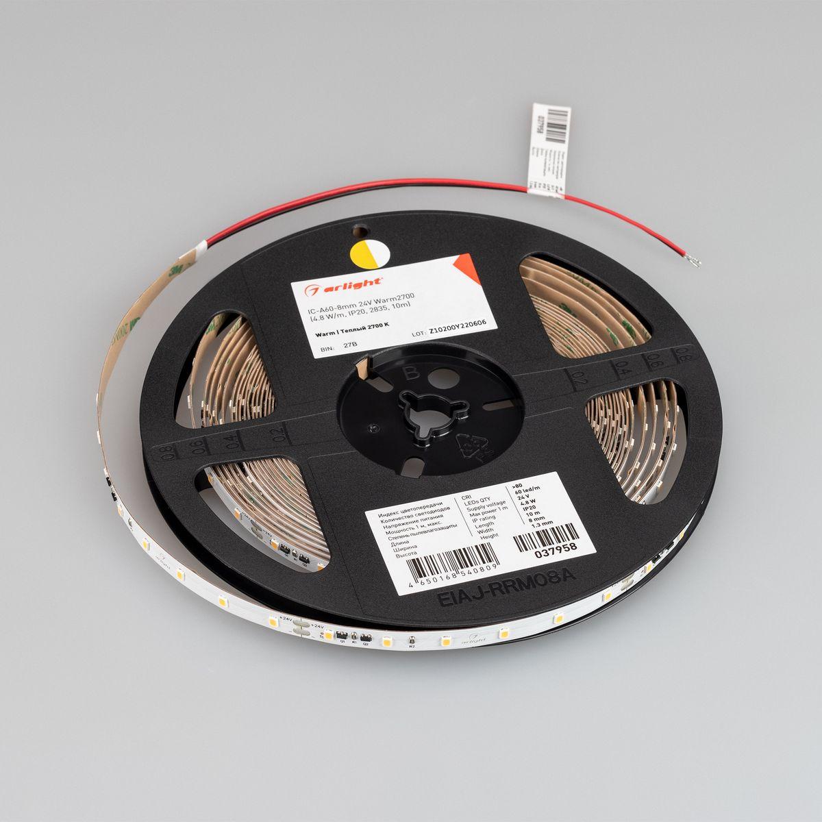 Светодиодная лента Arlight 4,8W/m 60LED/m 2835SMD теплый белый 10M IC-A60-8mm 24V Warm2700 037958