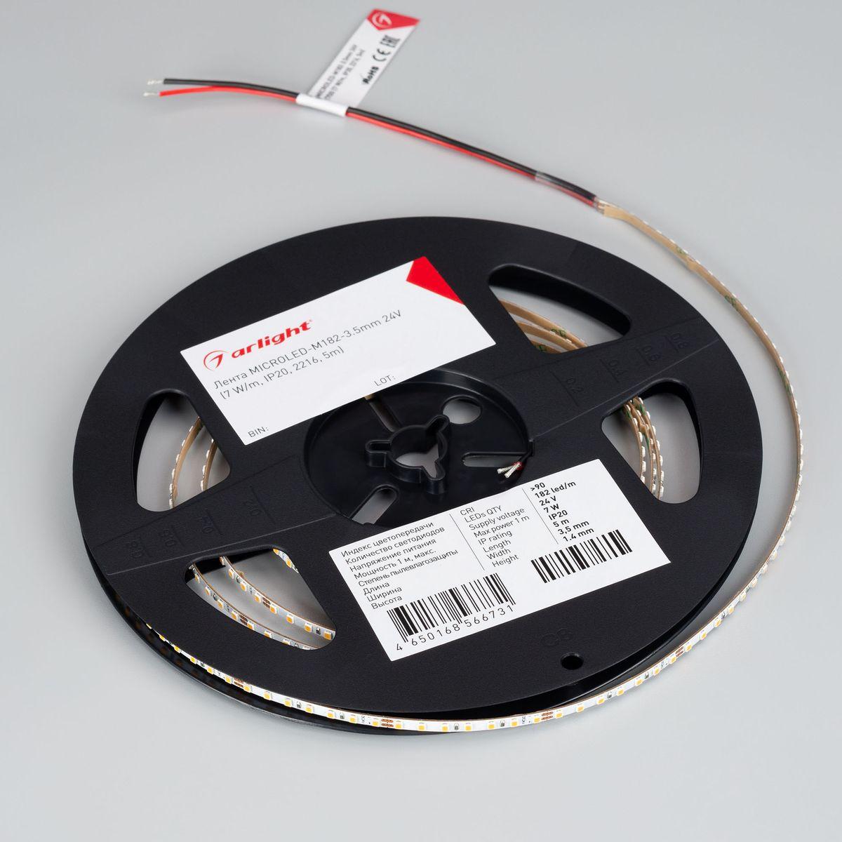 Светодиодная лента Arlight 7W/m 182Led/m 2216SMD теплый белый 5M MICROLED-M182-3.5mm 24V Warm2700 045011